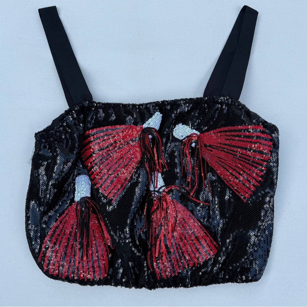 QUEEN OF SPARKLES Black and Red Sequin Crop Top - Size S - Picture 7 of 16